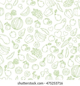 Vector set of design elements, seamless pattern and background for organic, healthy and vegan food packaging Fresh healthy organic food vector doodle hand drawn illustration.