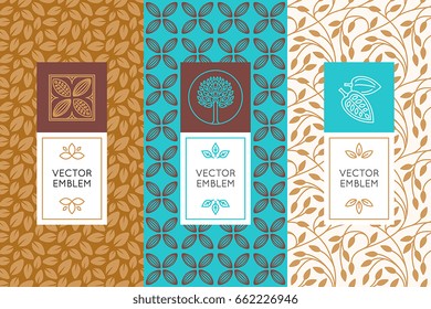 Vector set of design elements and seamless patterns for chocolate and cocoa packaging - labels and backgrounds 