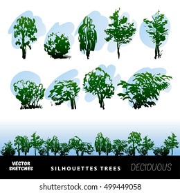 Vector set of design elements. Sketches in ink, silhouettes of trees 