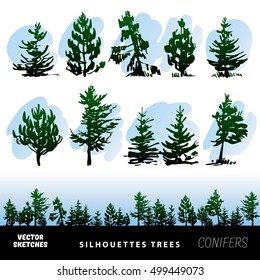 Vector set of design elements. Sketches in ink, silhouettes of trees 