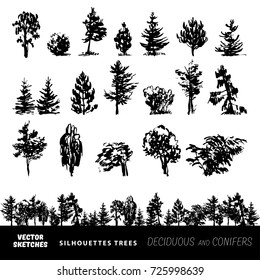 Vector set of design elements. Sketches in ink, silhouettes of trees 