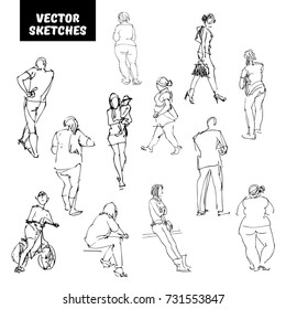 Vector set of design elements. Sketches in ink, people