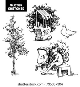 Vector set of design elements. Sketches in ink, elements of the urban environment