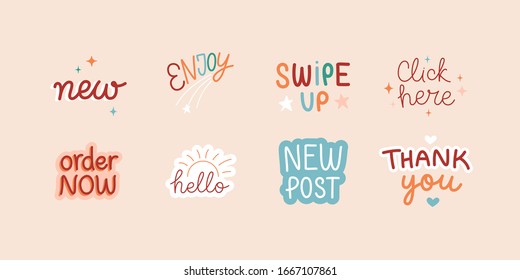 Vector Set Of Design Elements And Sticker With Hand-lettering Phrases For Social Media Posts And Stories - Swipe Up, Hello, New Post, Order Now And Click Here