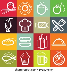 Vector set of design elements and symbols for bars, cafes, restaurants and coffee-houses - different food and kitchen related icons and emblems