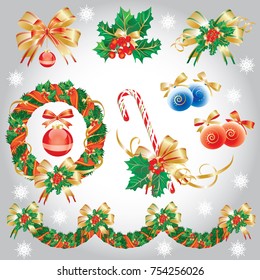 

Vector set design elements, symbols of the new year and christmas. Snowflakes, Christmas wreath, Christmas garland, Christmas toys, balls, ribbons, bows, holly, caramel cane, christmass tree