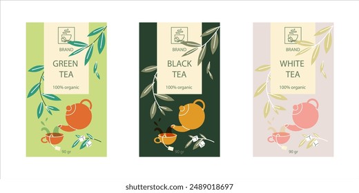 Vector set of design elements for tea packaging - white, black and green tea. Branding, packaging. Tea packaging sticker. Box design concept.