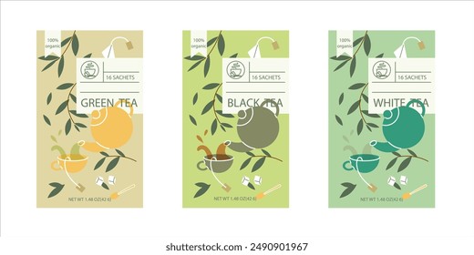 Vector conjunto de Elementos de diseño para el embalaje del té - té blanco, negro y verde. Marca, embalaje. Pegatina de envasado de té. Concepto de diseño de caja.