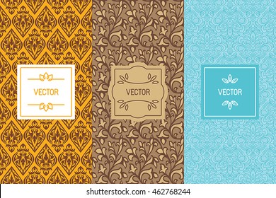 Vector set of design elements and templates for food or chocolate packaging, seamless patterns and labels with copy space for text or logo - modern style ornaments and  backgrounds