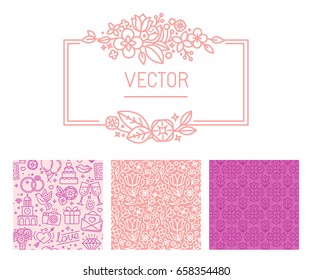 Vector set of design elements and templates for wedding invitation and greeting cards - seamless patterns with linear icons and vintage border with copy space for text