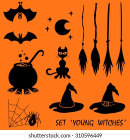 Vector set design elements 'young witches' isolated on orange background.
