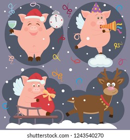 Vector set with design elements.Illustration of small funny piggies and a deer for holidays 