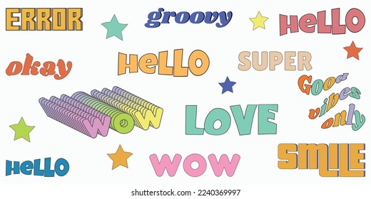 Vector set of design elements.Retro elements.y2k collection. 2000s.Retro y2k style.Cartoon style. Set of retro slogans.Set of hipster phrases.