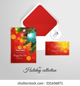 Vector set for design. Fir tree on blurred background with colored balls and cartoon pattern. 