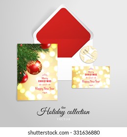 Vector set for design. Fir tree branches on blurred background with red balls. Greeting lettering on Christmas and New Year style. 