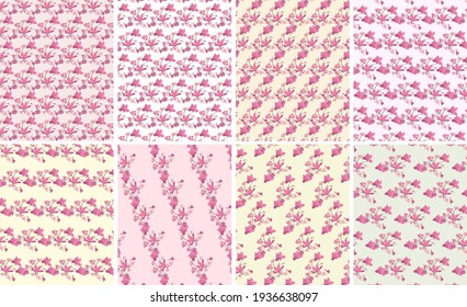 Vector set of design floral seamless pattern with pink magnolia blossom flowers, seamless texture.Spring.Illustration for wedding invitations, wallpaper, textile, wrapping paper, fashion, fabric, web.