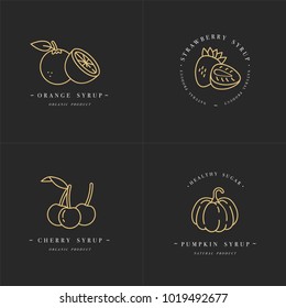 Vector set design golden templates logo and emblems - syrups and toppings-orange, cherry, strawberry and pumpkin. Food icon. Logos in trendy linear style isolated on white background