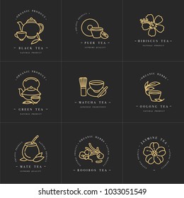 Vector set design golden templates logo and emblems - organic herbs and teas . Different teas icon. Logos in trendy linear style isolated on white background