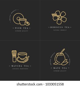 Vector set design golden templates logo and emblems - organic herbs and teas . Different teas icon-puer, hibiscus, mate and matcha. Logos in trendy linear style isolated on white background