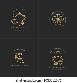 Vector set design golden templates logo and emblems - organic herbs and teas . Different teas icon- jasmine, black, green and oolong . Logos in trendy linear style isolated on white background