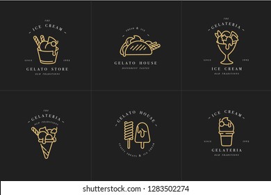 Vector set design golden templates logo and emblems - ice cream and gelato. Difference ice cream icons. Logos in trendy linear style isolated on white background