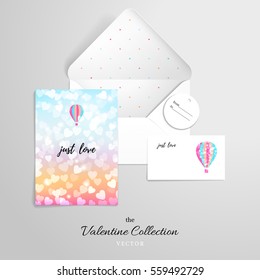 Vector set for design. Hearts and balloon on multicolored background. Valentine's Day or wedding. Inscription Just love. 