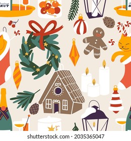 Vector set design icons for Christmas greetings seamless patterns. Winter holidays design elements. Traditional xmas attributes.