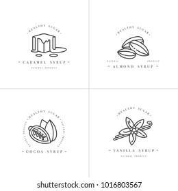 Vector set design monochrome templates logo and emblems - syrups and toppings-caramel, almond, cocoa, vanilla. Food icon. Logos in trendy linear style isolated on white background