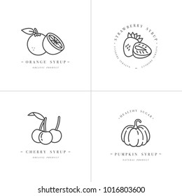 Vector set design monochrome templates logo and emblems - syrups and toppings-orange, cherry, strawberry and pumpkin. Food icon. Logos in trendy linear style isolated on white background