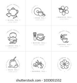 Vector set design monochrome templates logo and emblems - organic herbs and teas . Different teas icon. Logos in trendy linear style isolated on white background