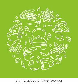 Vector set design monochrome templates icon and emblems - organic herbs and different spices. Masala teas icons composition. Symbol in trendy linear style isolated on white background