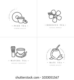 Vector set design monochrome templates logo and emblems - organic herbs and teas . Different teas icon-puer, hibiscus, mate and matcha. Logos in trendy linear style isolated on white background