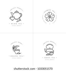 Vector set design monochrome templates logo and emblems - organic herbs and teas . Different teas icon- jasmine, black, green and oolong . Logos in trendy linear style isolated on white background