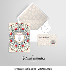 Vector set for design. Open envelope and various cards. Fantasy flowers and delicate ornament with leaves. 