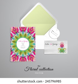 Vector set for design. Open envelope and various cards. Beautiful oriental fantastic flower. Hand drawing. Watercolor background. 