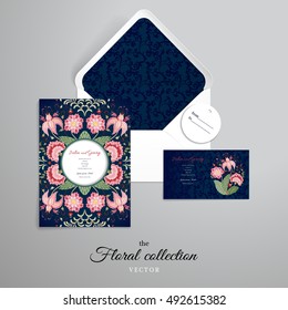 Vector set for design. Open envelope and various cards. The motives of the paintings of ancient Indian fabrics. Curved branch with fantastic flowers, leaves, tendrils and berries. Dark backdrop.  