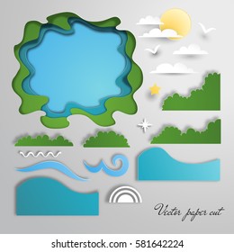 Vector set for design. Paper cut style. Waves, sun and clouds, grass. 