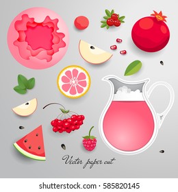 Vector set for design in paper cut style. Jug with drink, fruits and multilayer bubble. 