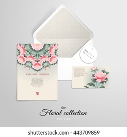 Vector set for design. Pattern with peonies. Geometrical ornament on backdrop. Illustration imitates traditional Chinese ink painting. Inscription Peonies garden.