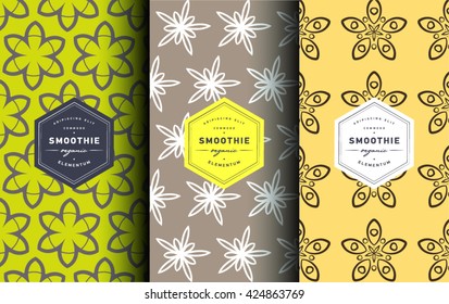 Vector set of design patterns with label and-lettering in trendy linear style. Logo design templates and concepts for packaging and labels for fresh juices, diet smoothie and healthy food