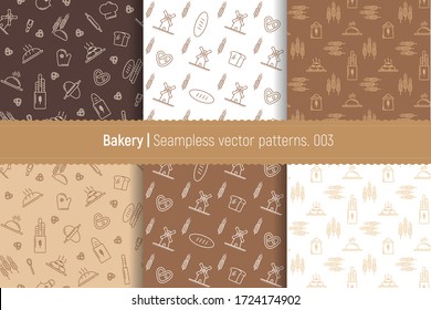 Vector set of design patterns for packaging bakery products in a fashionable linear style. Seamless patterns with linear icons: bread, loaves, pretzel, flour, dough, mill. Templates for creating logos