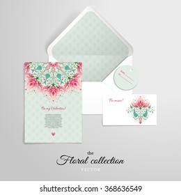 Vector set for design. Round floral pattern in fantasy style. Delicate ornament on backdrop. Place for your text. All design elements consist of hearts. Wedding or Valentine's Day.