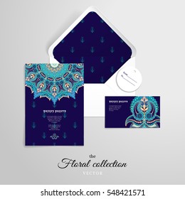 Vector set for design. Round floral oriental pattern on dark traditional ethnic ornament background.