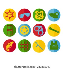 Vector set design silhouette police symbols in different colors on round background