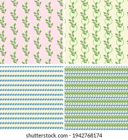 Vector set of design spring seamless pattern with wreath, pink and blue flowers, green leafs. Summer. Illustration for wedding invitations, wallpaper, textile, wrapping paper, fashion, fabric, web.