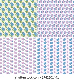 Vector set of design spring seamless pattern with pink and blue flowers, green leafs. Summer. Floral. Illustration for wedding invitations, wallpaper, textile, wrapping paper, fashion, fabric, web.