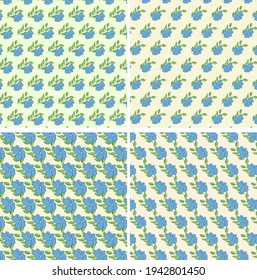 Vector set of design spring seamless pattern with pink and blue flowers, green leafs. Summer. Floral. Illustration for wedding invitations, wallpaper, textile, wrapping paper, fashion, fabric, web.