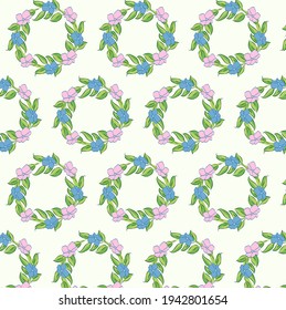 Conjunto de vectores de diseño resorte sin costuras con flores rosadas y azules, hojas verdes. Verano. Floral. Ilustración para invitaciones a bodas, papel pintado, textil, papel envolvente, moda, tela, web.