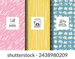 Vector set of design templates and backgrounds for bakery packaging in trendy sketch linear style. Hand drawn doodles elements with design label