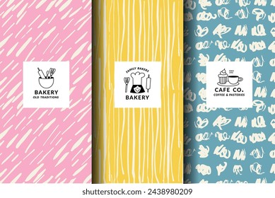 Vector set of design templates and backgrounds for bakery packaging in trendy sketch linear style. Hand drawn doodles elements with design label